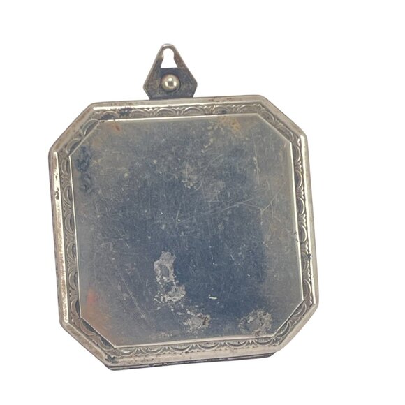 Antique Deco Silver-Plated Double-Sided Square Powder Lipstick Compact Locket - Picture 3 of 11